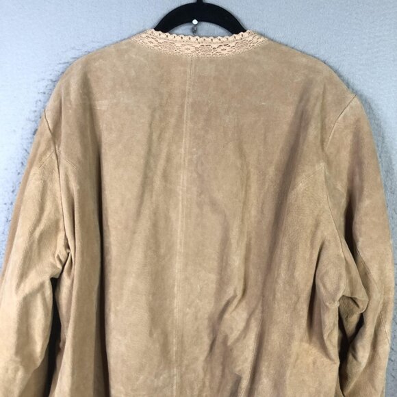 Coldwater Creek Jacket Womens 3X Tan Suede Leather Open Front Lace Trim Boho - Picture 8 of 15